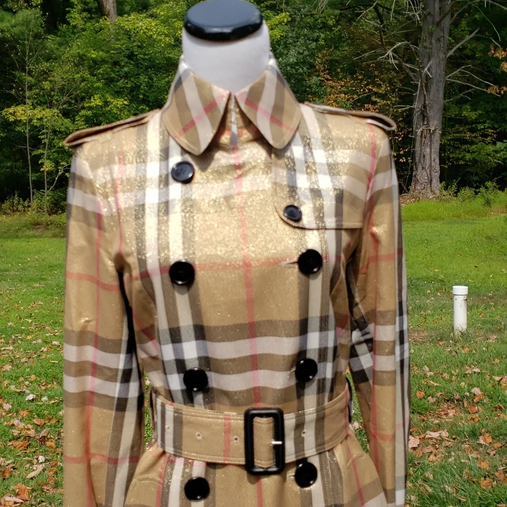 BURBERRY GOLD SHIMMER METALLIC CHECK PLAID TRENCH COAT - Picture 8 of 16